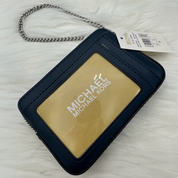 NWT Michael Kors Jet Set Medium Logo Debossed Navy Blue Chain Card Case - Picture 3 of 10